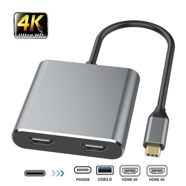 USB-C Type-C DisplayPort Adapter Converter With Dual 4K HD Display Ports + 1 * USB 3.0 + 1 * 60W PD Charging Port For Smart Phone Tablet Laptop MacBook