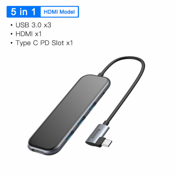 Baseus 5 in 1 Type-C Hub Adapter With 3 * USB 3.0 Ports/Type-C PD Charging Port/4K HD Display Interface