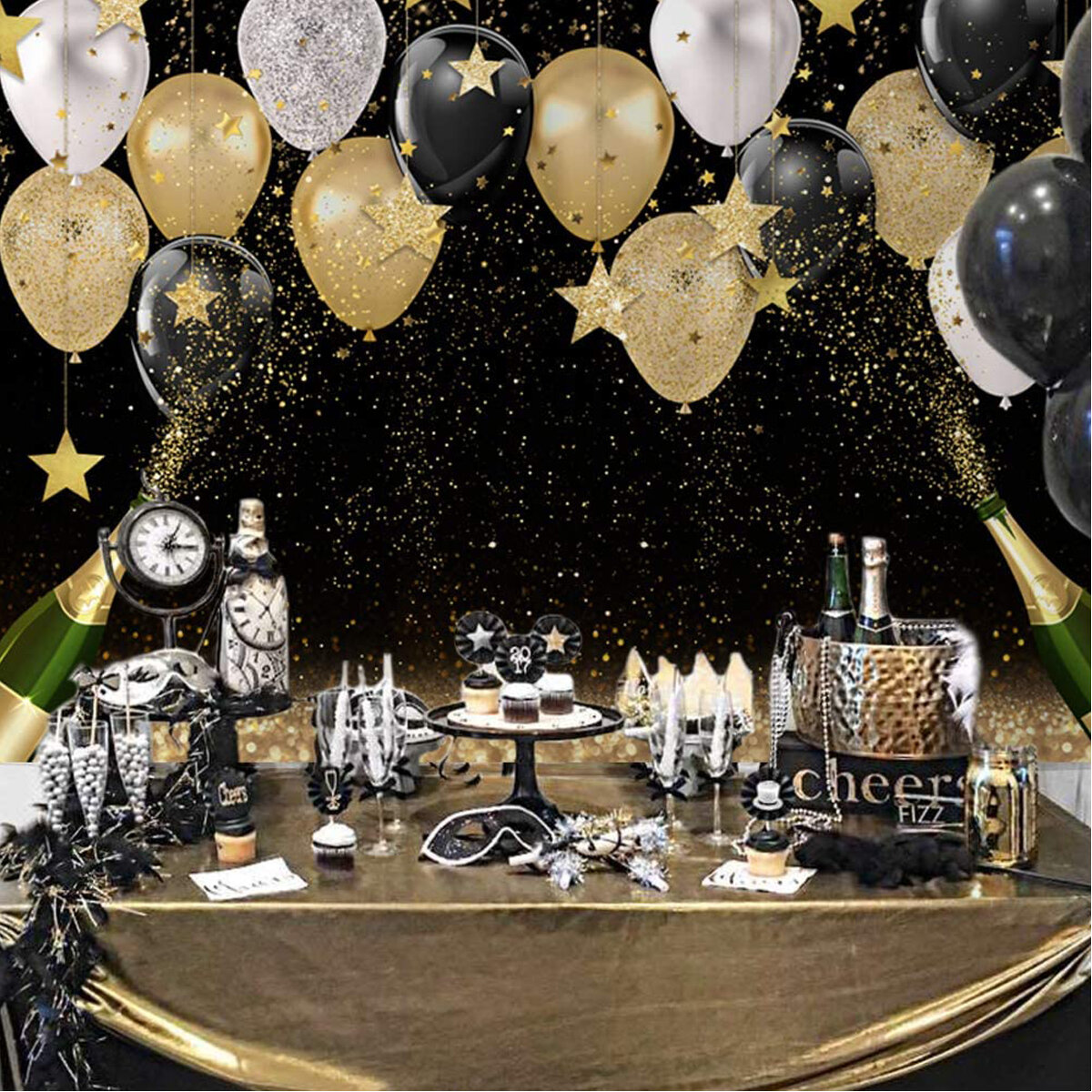 Fabric Black Golden Balloon Backdrops Party Decorations Happy Birthday ...