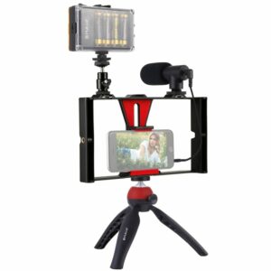 PULUZ PKT3023R 5 in 1 Vlogging Live Broadcast Smartphone Video Rig Kits with LED Video Light Microphone Tripod Mount Head Tripod